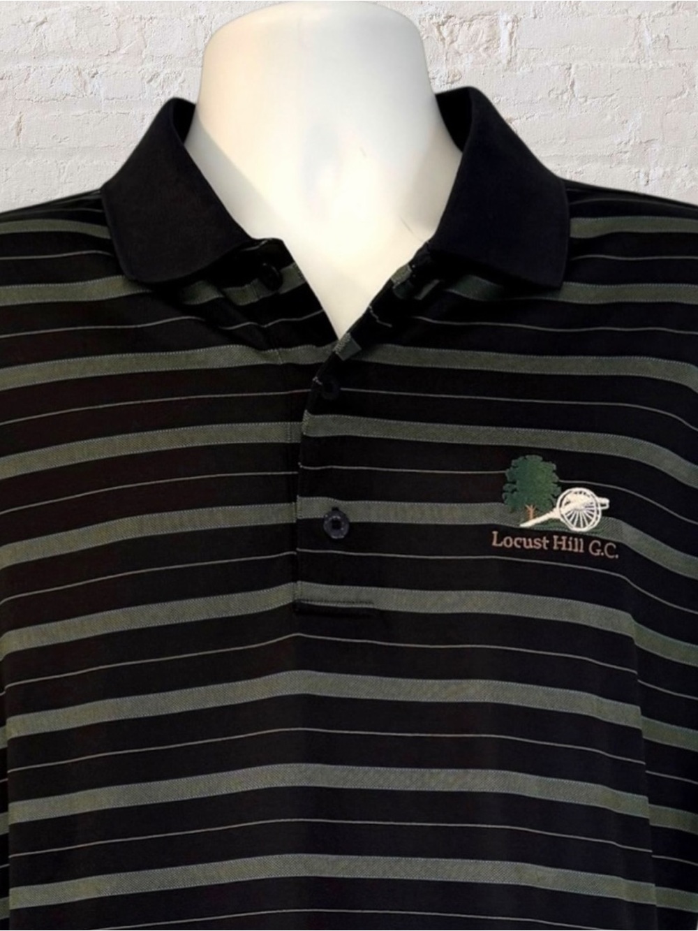 Monterey Club Golf Polo Shirt L Locust Hill G.C. Striped Navy Green Performance